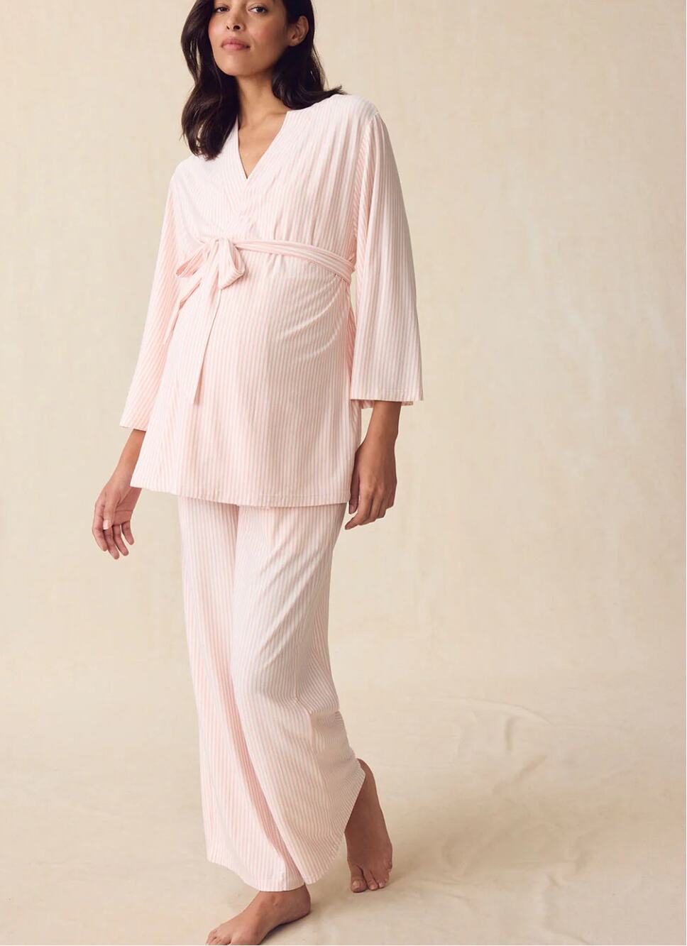 LAKE Maternity DreamModal™ Kimono Three-Piece Set in English Rose Pencil Stripe